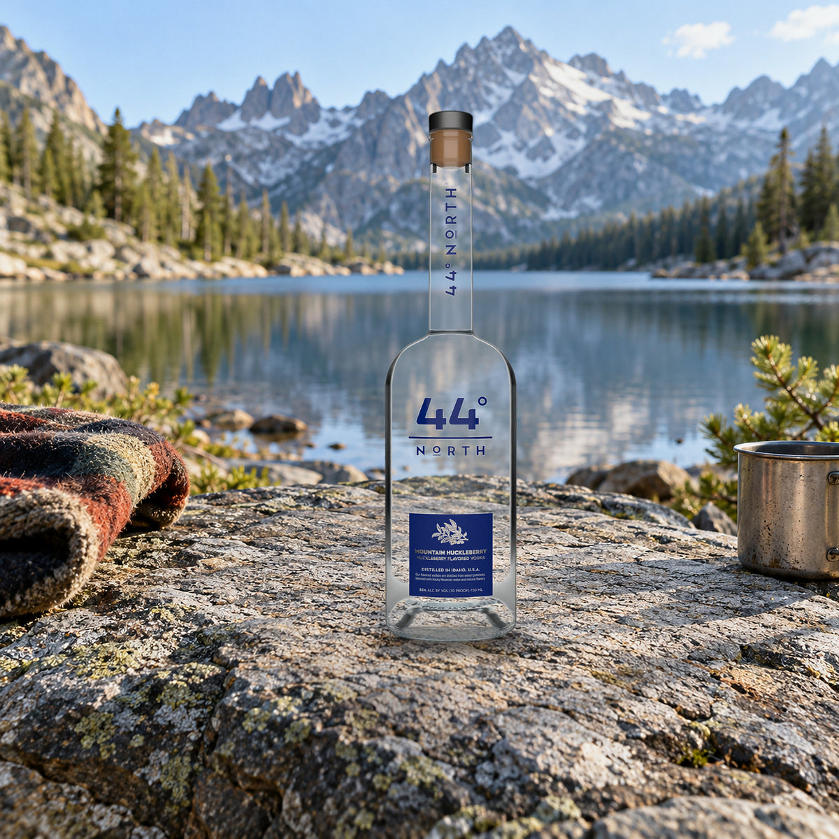 44 North Mountain Huckleberry Vodka alpine lake rock - Liquor Geeks