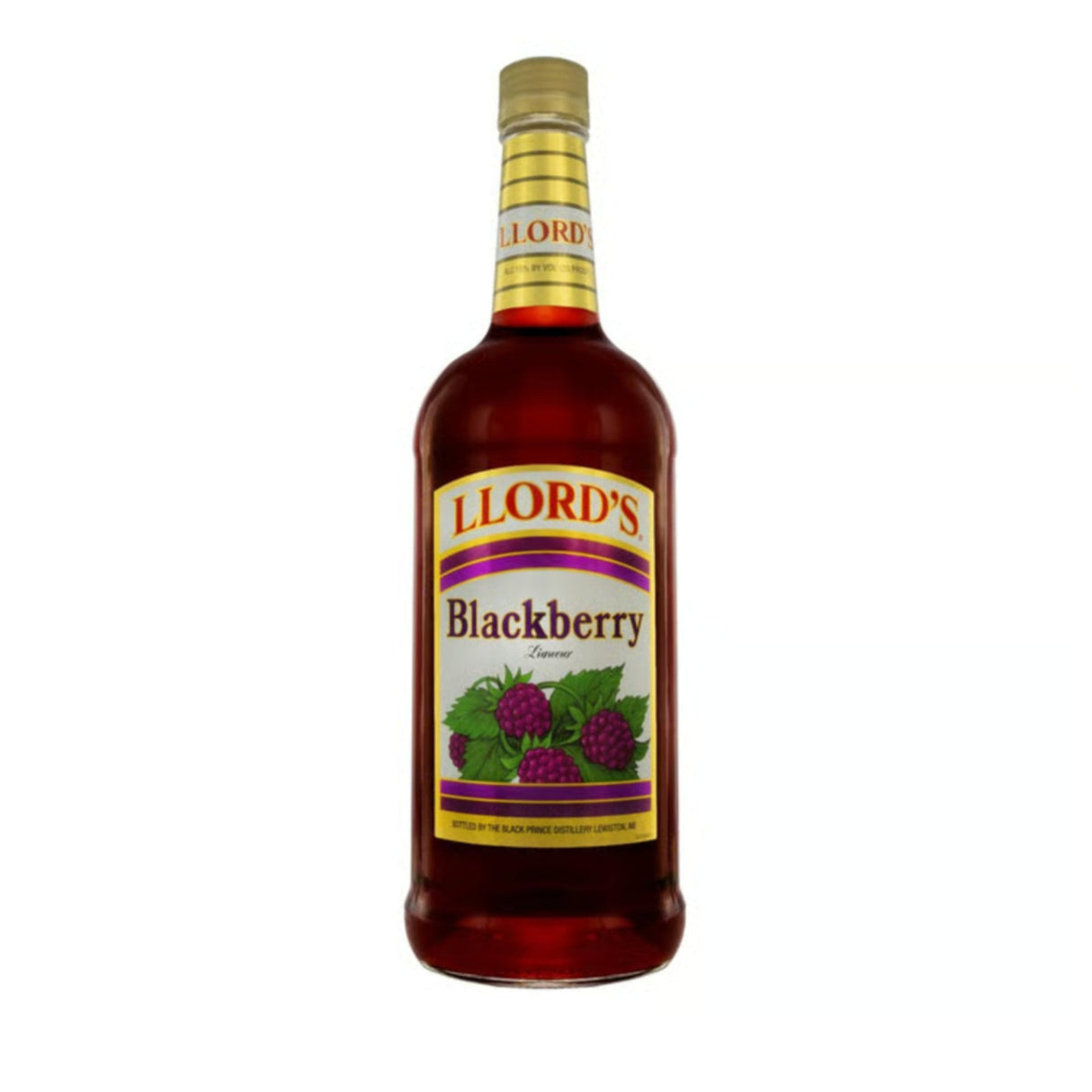 Bottle of Llord's Blackberry liqueur on a white background
