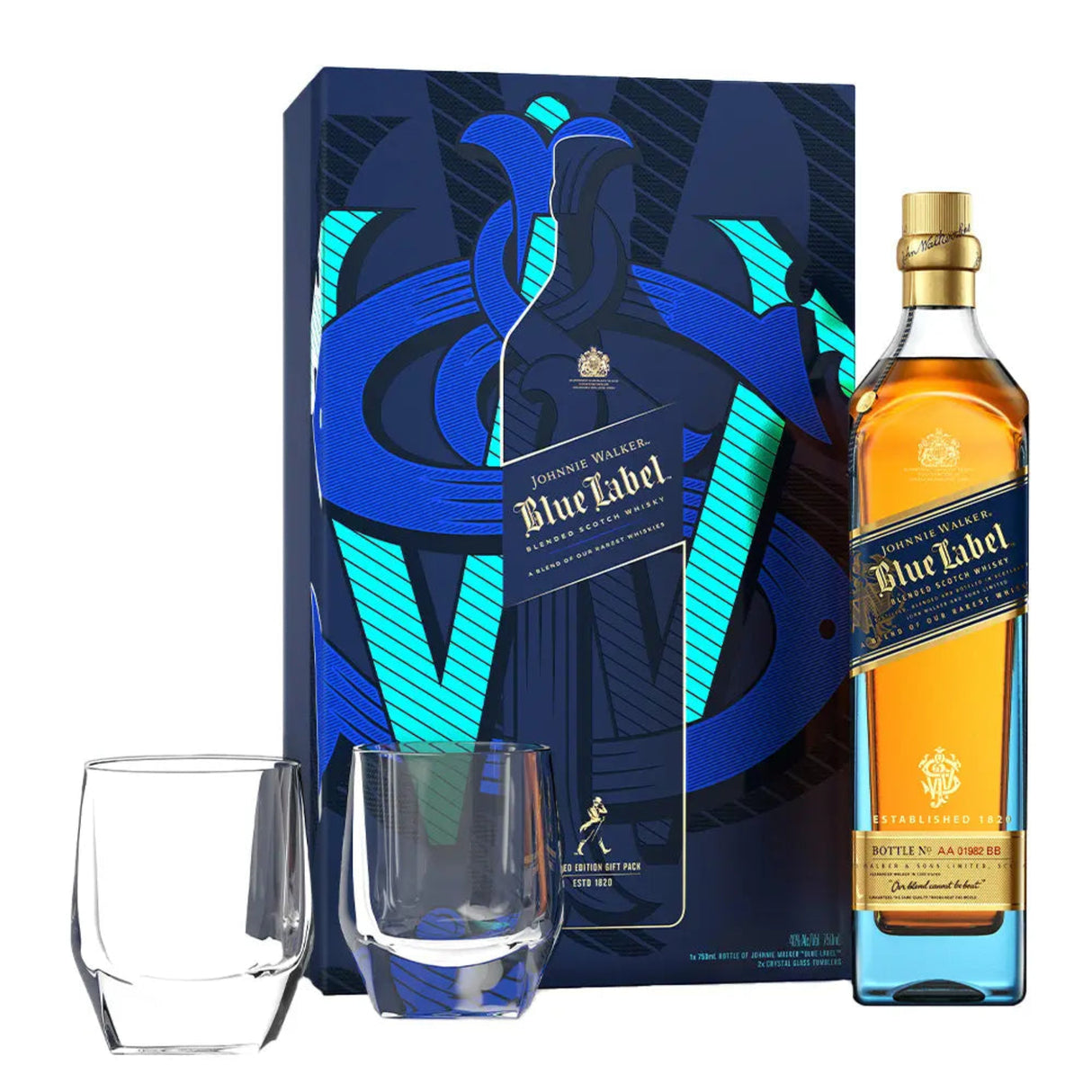 Johnnie Walker Blue Label Blended Scotch Whiskey With Crystal Glasses