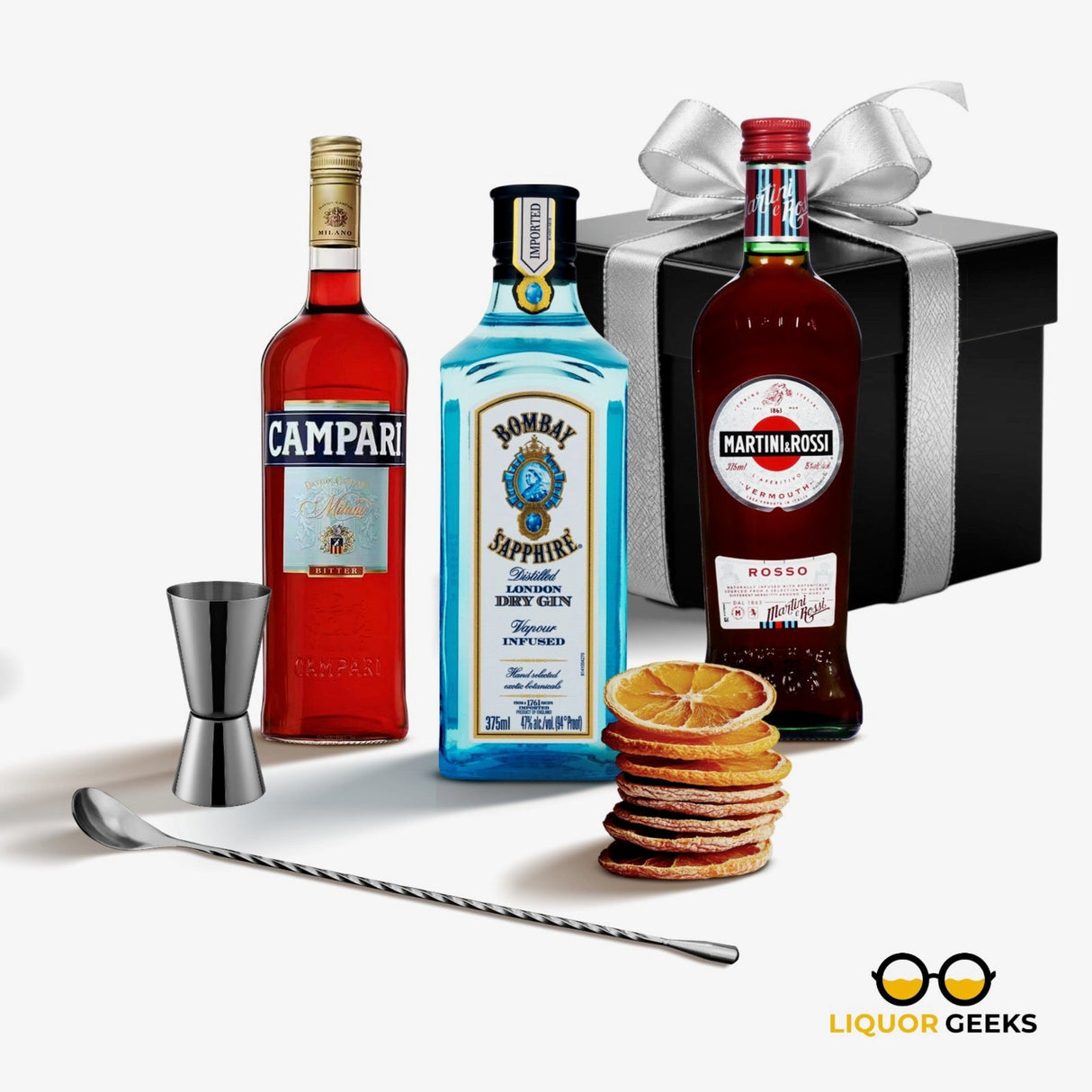 Three liquor bottles with a cocktail shaker, jigger, and cookies on a white background with 'Liquor Geeks' branding.