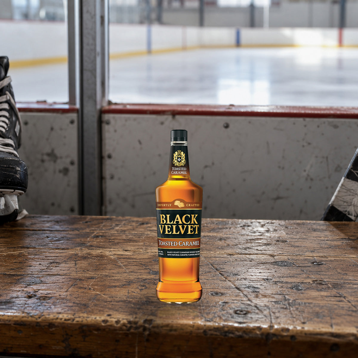 Black Velvet Toasted Caramel Flavored Whiskey hockey rink bench - Liquor Geeks