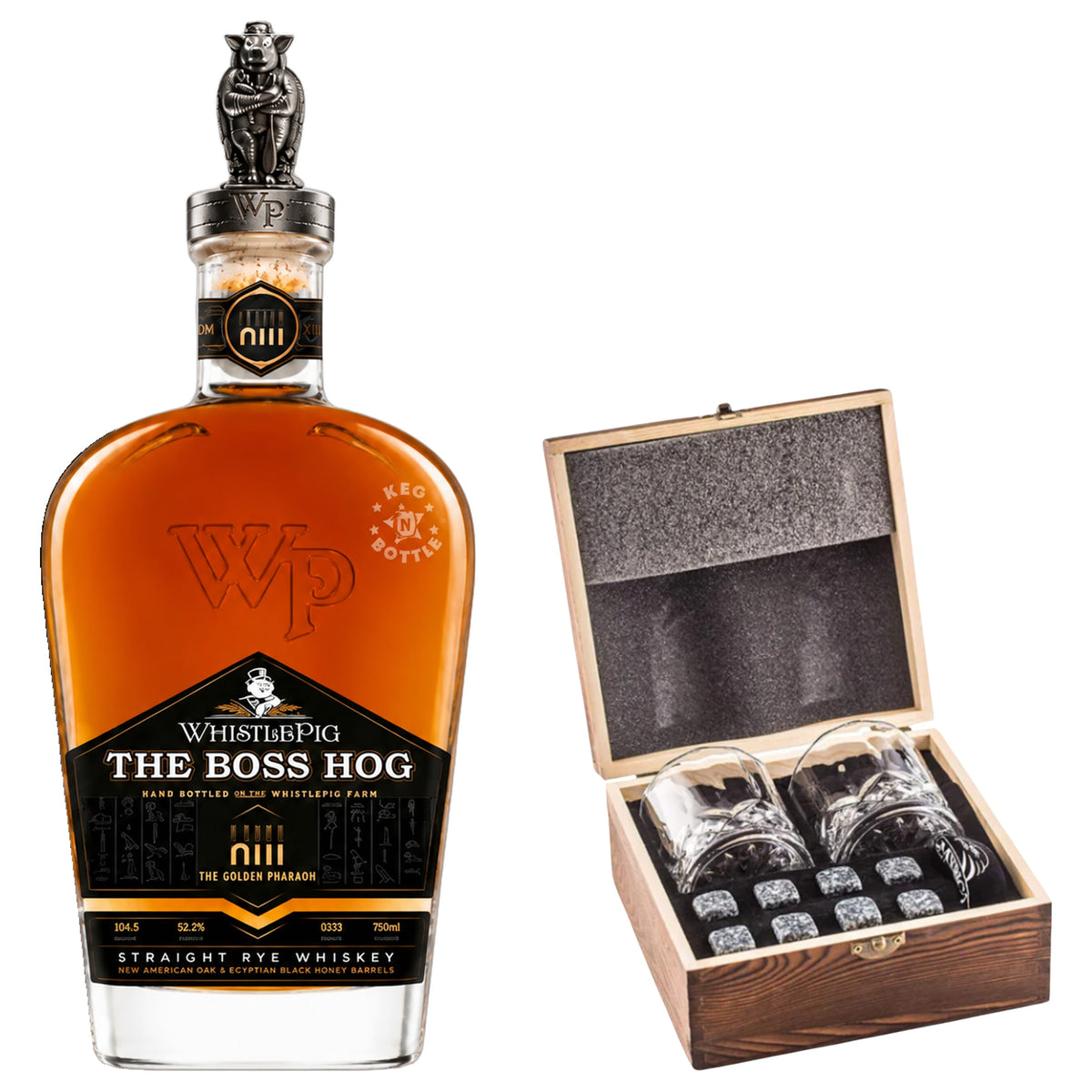 WhistlePig The Boss Hog XIII The Golden Pharaoh With Gift — Wooden Box, 2 Glasses & Whiskey Stones