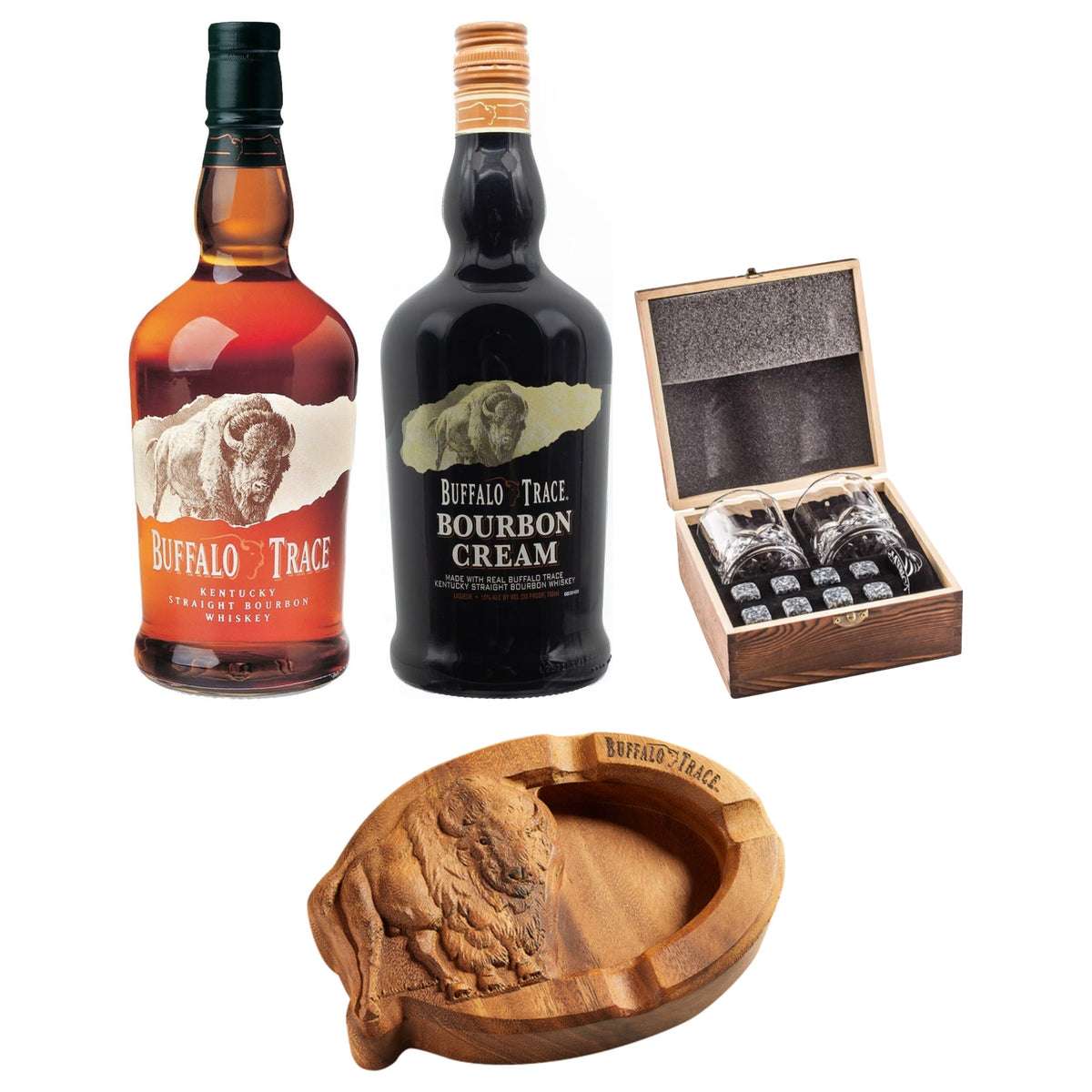 Buffalo Trace Fan Pack — Bourbon, Bourbon Cream, Buffalo Trace Ashtray & Whiskey Glass Set