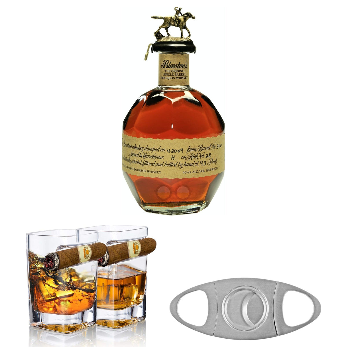 Cigar & Bourbon Night — Blanton's Single Barrel, 2 Whiskey Glasses with Cigar Holder & Cigar Cutter