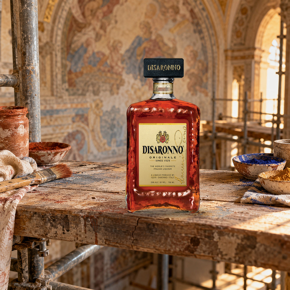 Disaronno Originale Amaretto Liqueur fresco scaffold - Liquor Geeks