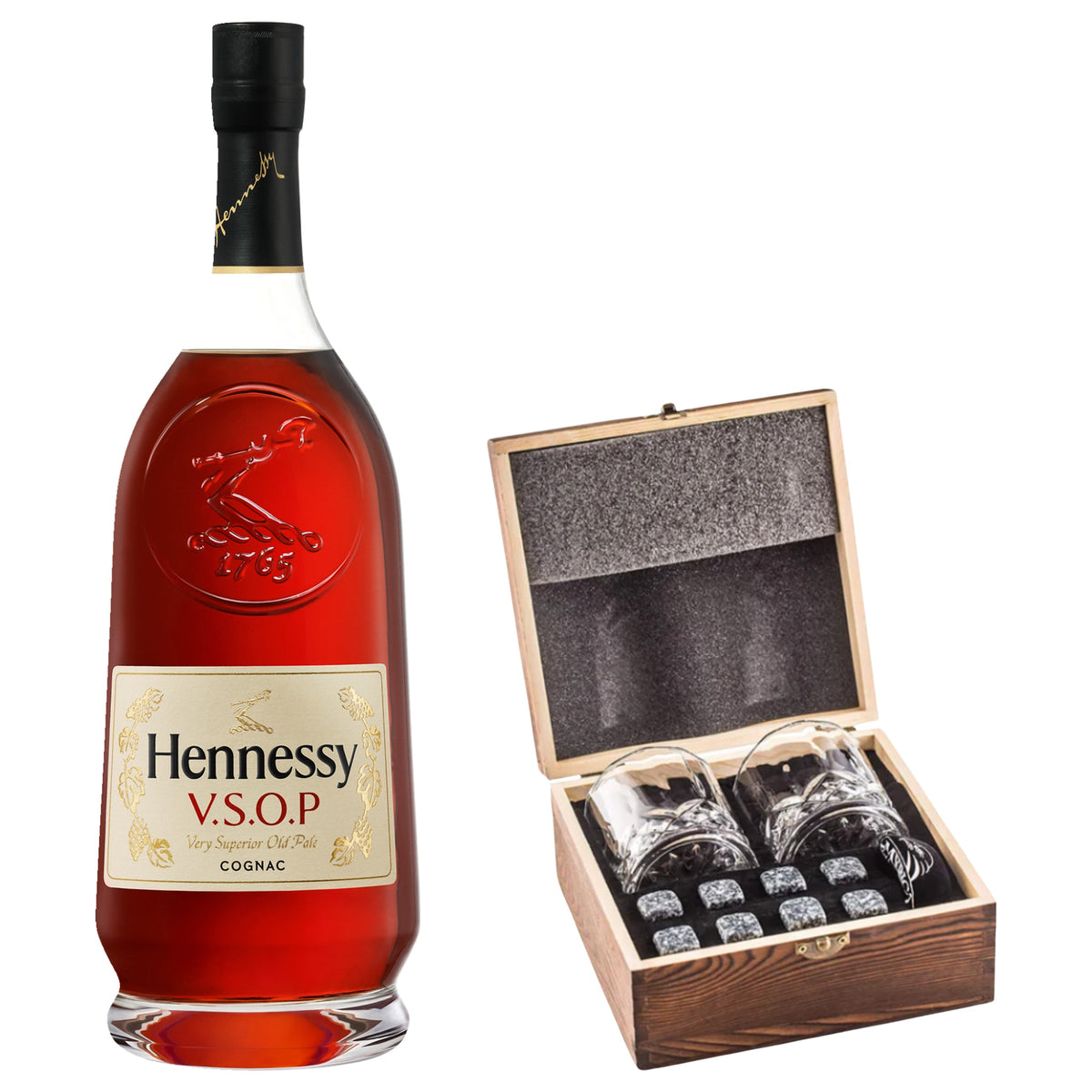 Hennessy V.S.O.P Privilège With Gift — Wooden Box, 2 Glasses & Whiskey Stones