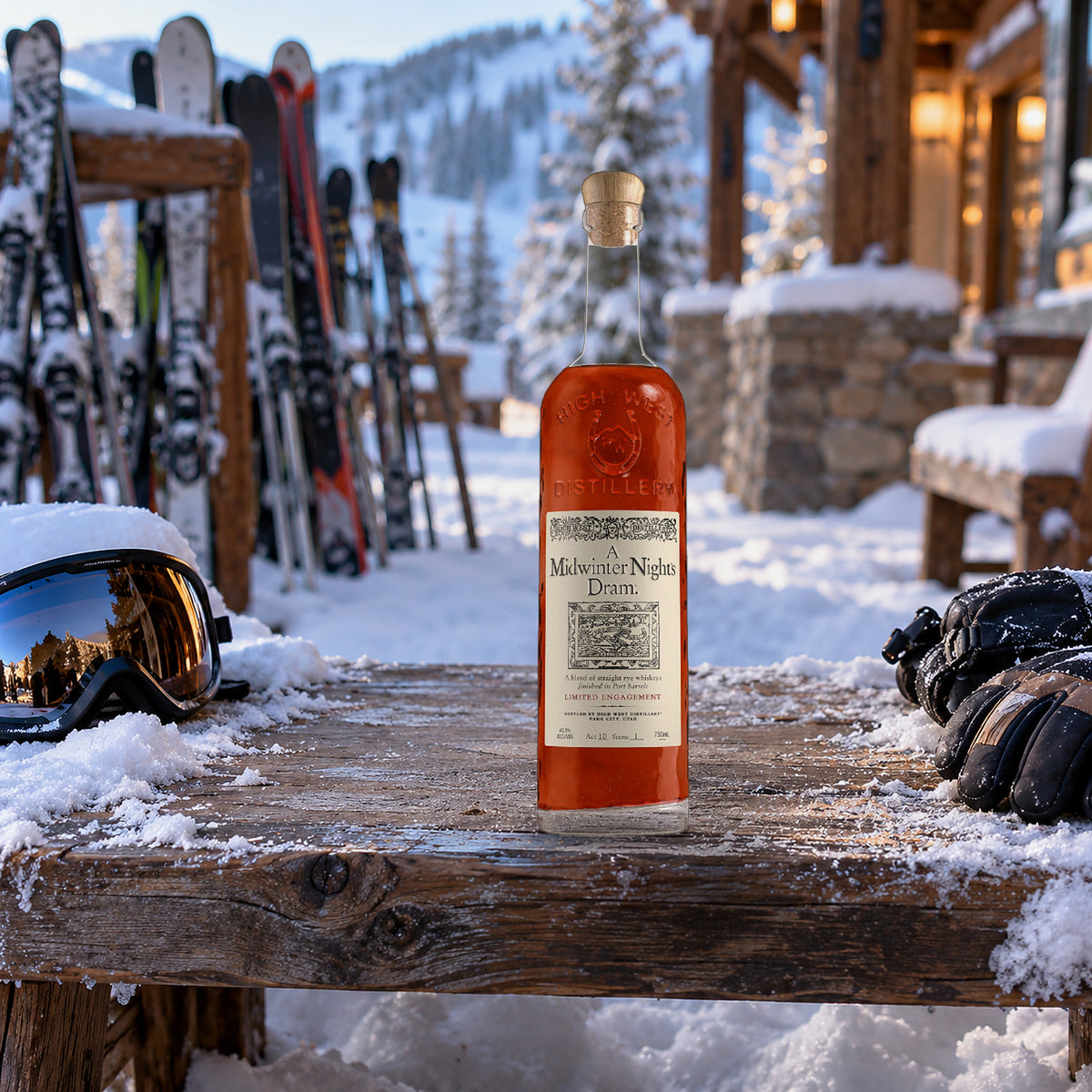 High West A Midwinter Night's Dram Whiskey ski rack bench - Liquor Geeks