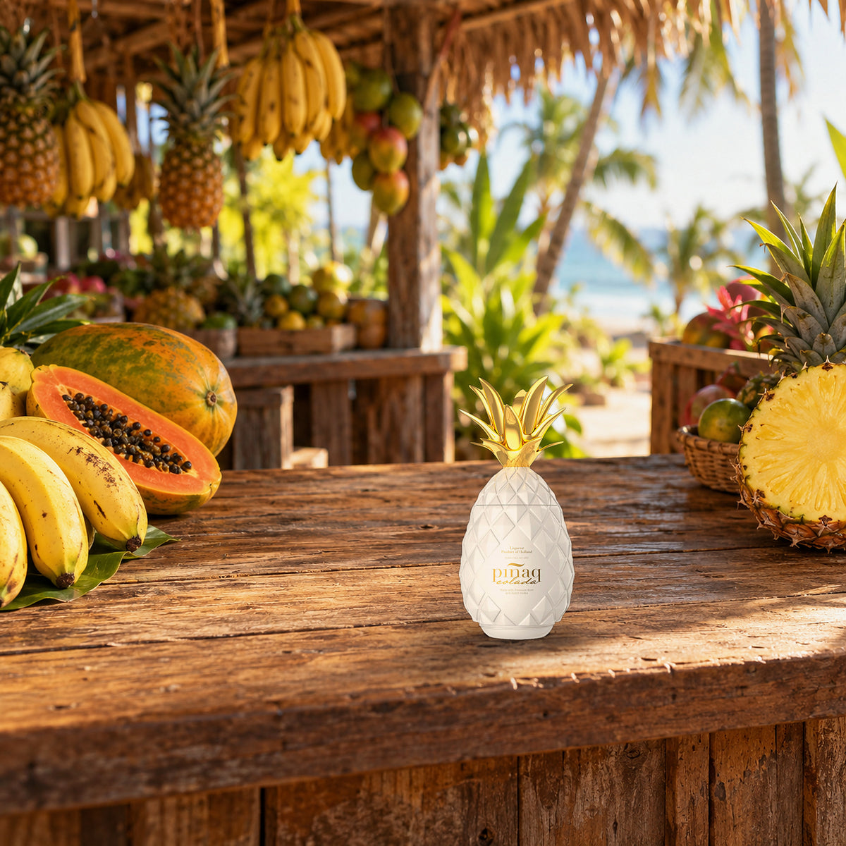 Pinaq Colada Liqueur tropical fruit stand - Liquor Geeks