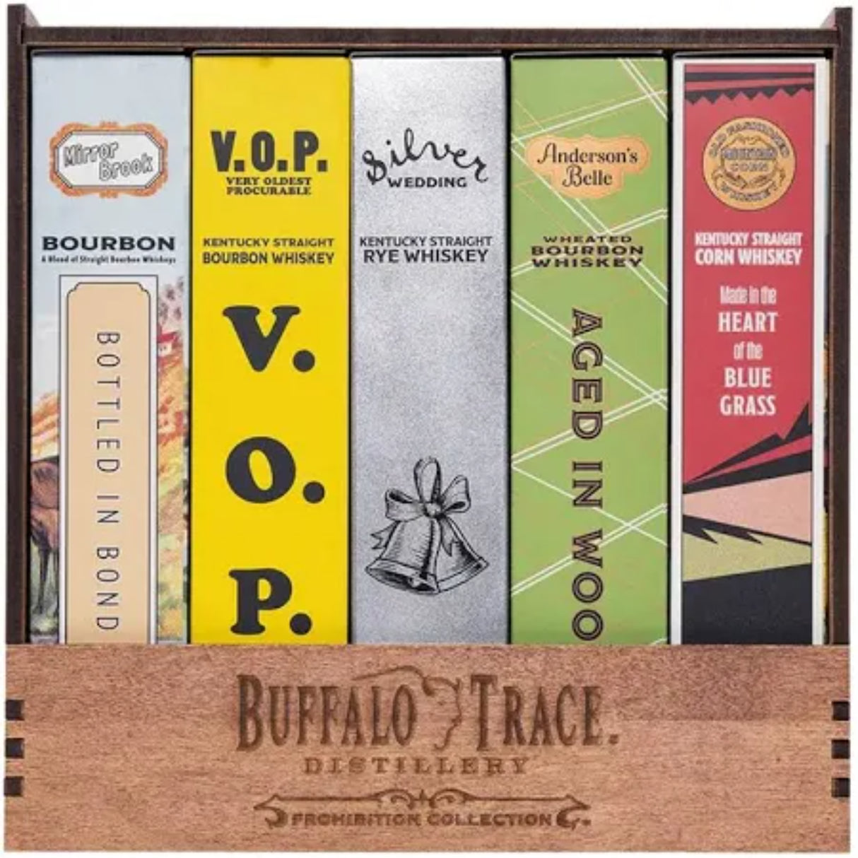 Collection of Buffalo Trace bourbon boxes in a wooden display case.