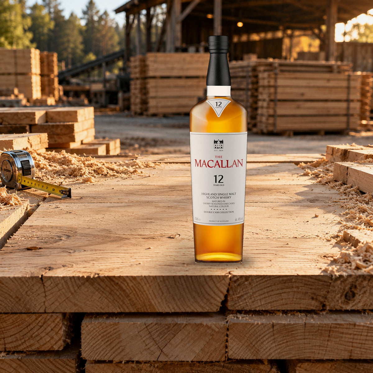 The Macallan 12 Year Old Double Cask Single Malt Scotch Whiskey sawmill stack - Liquor Geeks