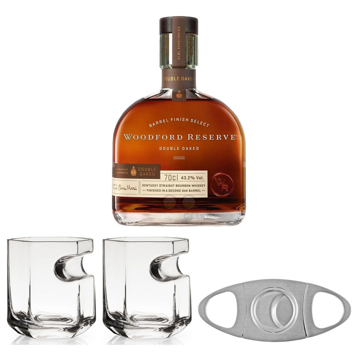 Woodford Reserve Double Oaked & Viski Cigar Glasses — Bottle, 2 Cigar Glasses & Cutter