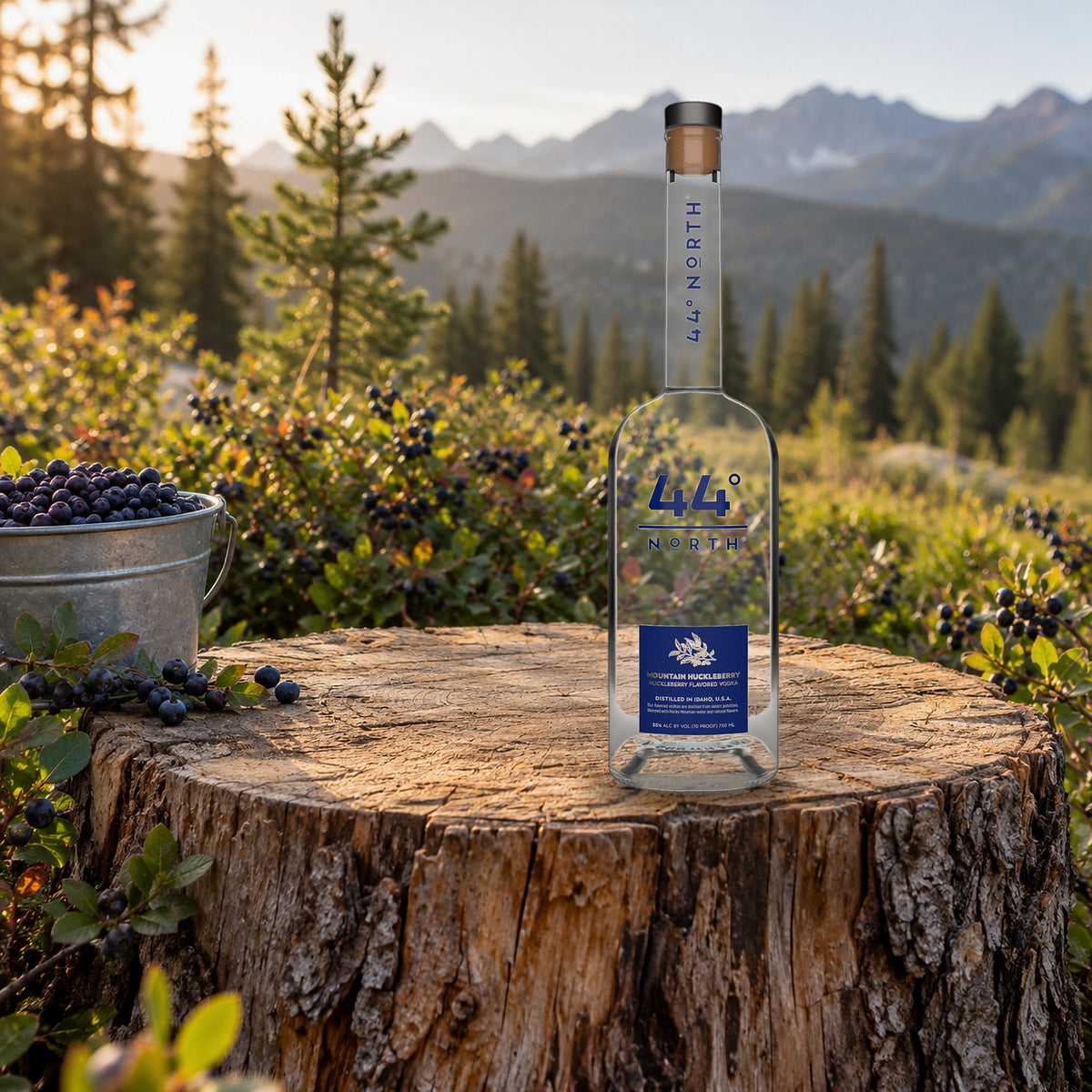 44 North Mountain Huckleberry Vodka huckleberry bucket log - Liquor Geeks