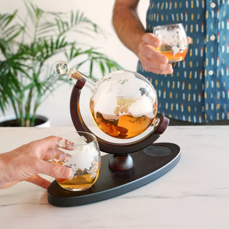Globe Decanter & Whiskey Tumblers, Set of 3-4