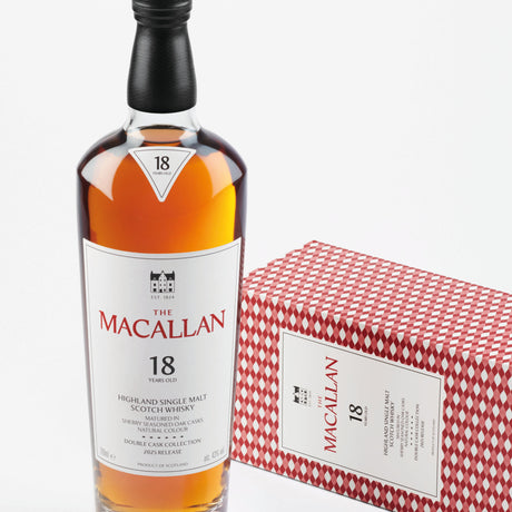 The Macallan 18-year-old whisky bottle with a box on a white background