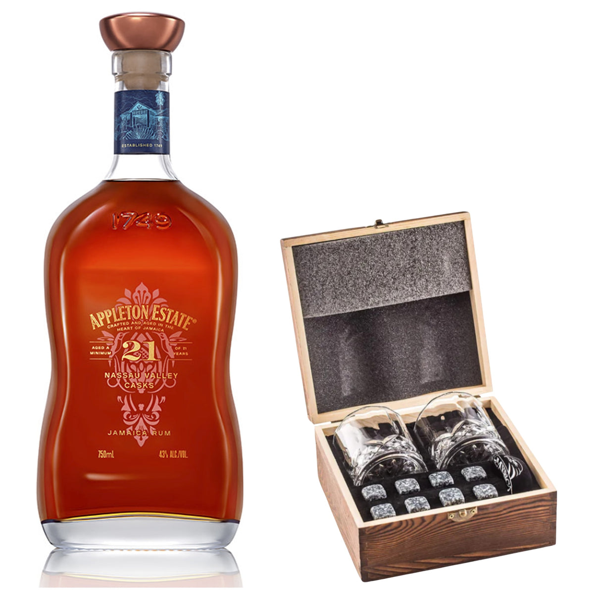 Appleton Estate 21 Year With Gift — Wooden Box, 2 Glasses & Whiskey Stones