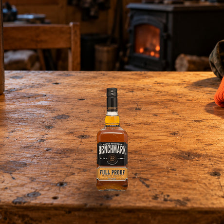 Benchmark Full Proof Kentucky Straight Bourbon Whiskey deer camp table - Liquor Geeks