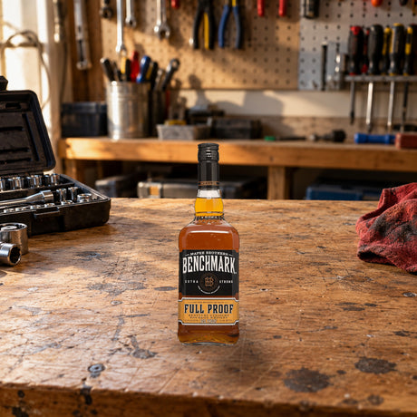 Benchmark Full Proof Kentucky Straight Bourbon Whiskey garage workbench - Liquor Geeks