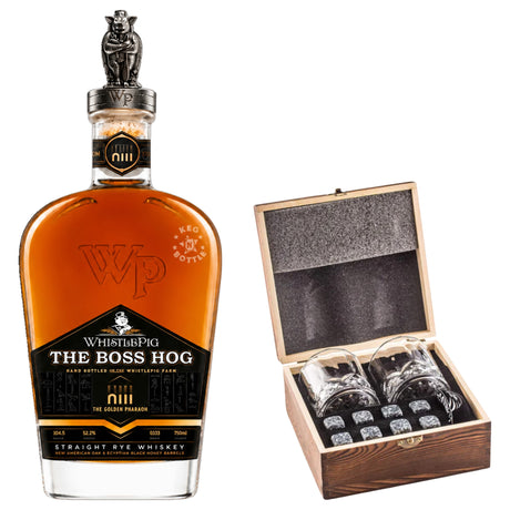 WhistlePig The Boss Hog XIII The Golden Pharaoh With Gift — Wooden Box, 2 Glasses & Whiskey Stones