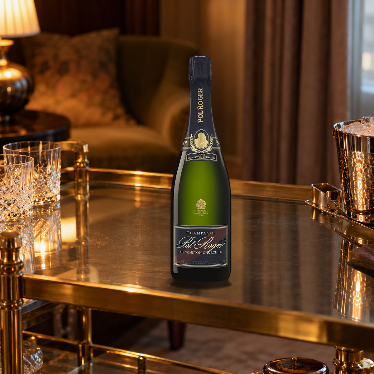 Pol Roger Champagne Brut Cuvée Sir Winston Churchill 2018 brass bar cart - Liquor Geeks