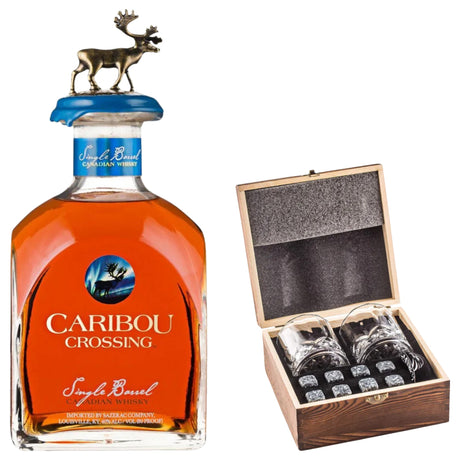 Caribou Crossing Single Barrel With Gift — Wooden Box, 2 Glasses & Whiskey Stones
