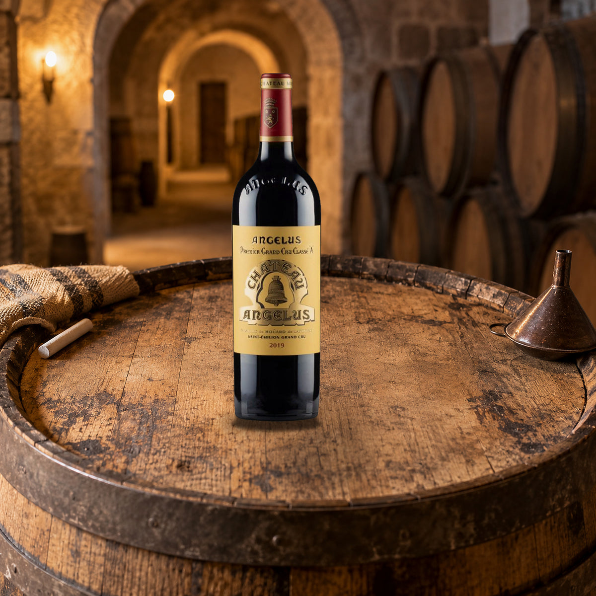 Chateau Angelus Saint Emilion Grand Cru 2019 With Wood Box cellar door barrels - Liquor Geeks