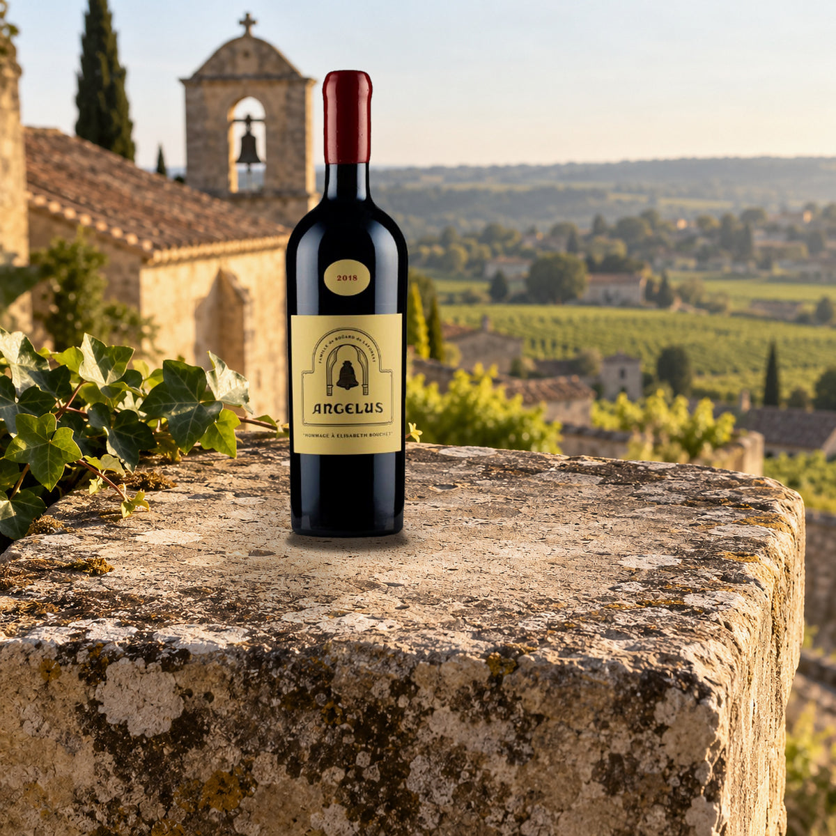 Chateau Angelus Hommage A Elisabeth Bouchet Saint Emilion Grand Cru 2018 With Wood Box chapel stone ledge - Liquor Geeks
