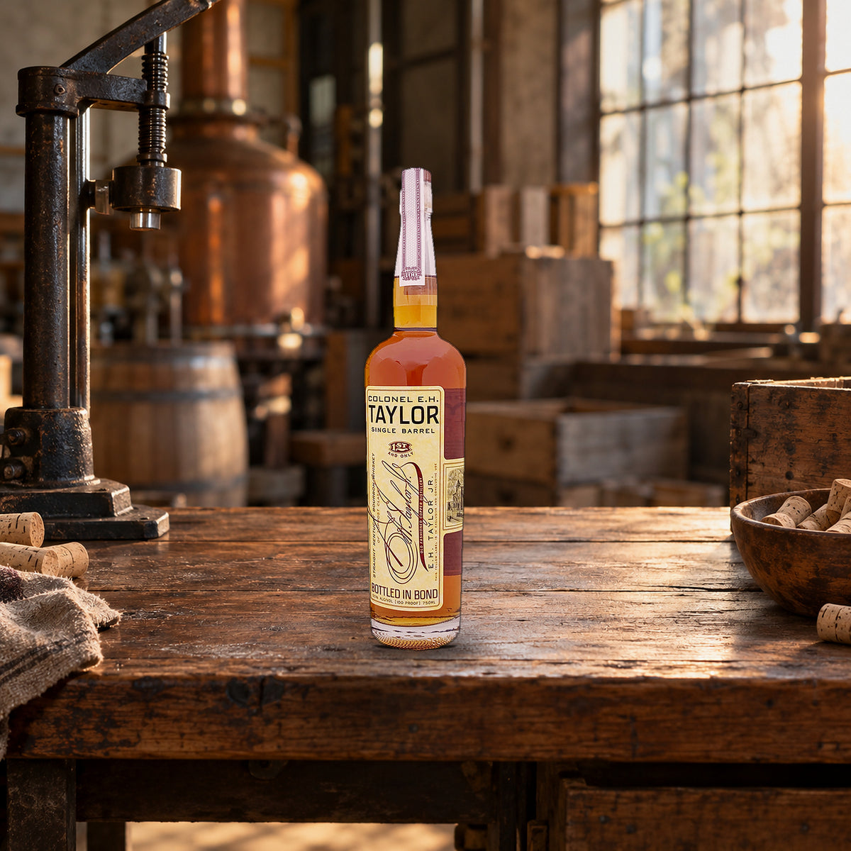 Colonel E.H. Taylor Single Barrel Bourbon Whiskey hand corking table - Liquor Geeks