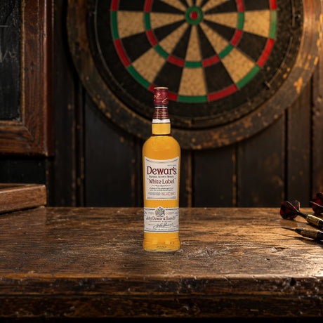 Dewar's Blended Scotch White Label Whiskey pub dartboard ledge - Liquor Geeks