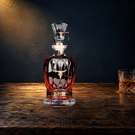 Doc Holliday 10 Year crystal decanter spotlit against a midnight-blue wall - Liquor Geeks