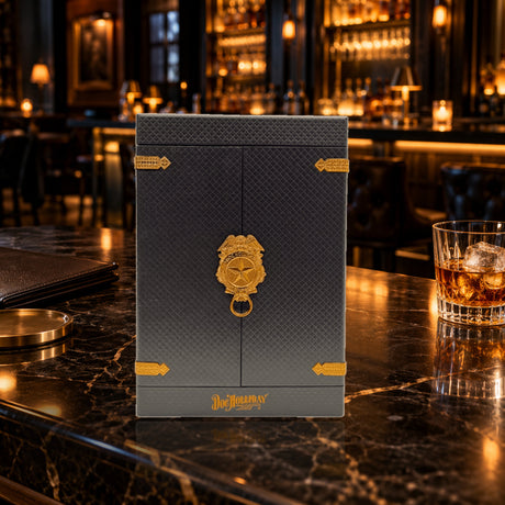 Doc Holliday 10 Year Collector's Case closed on a marble whiskey-lounge bar - Liquor Geeks