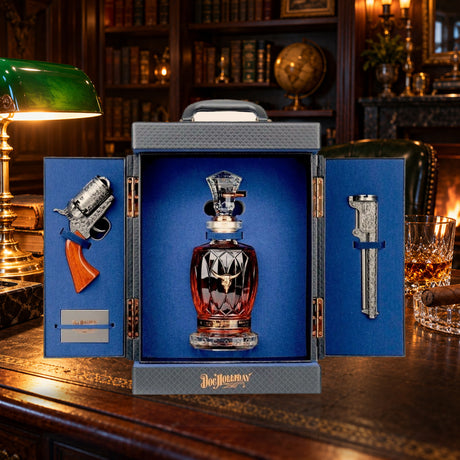Doc Holliday 10 Year Collector's Case open on a leather desk in a study - Liquor Geeks