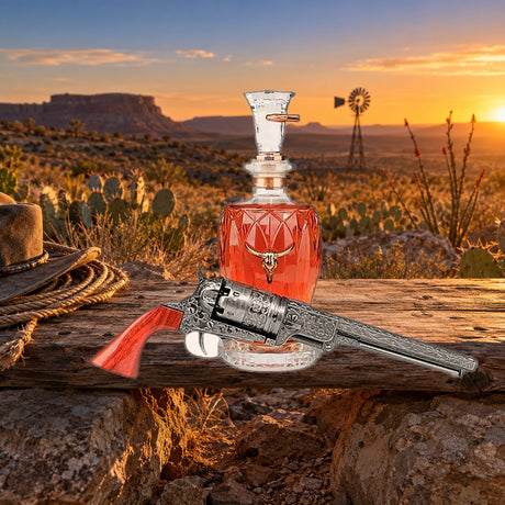 Doc Holliday 10 Year decanter and replica revolver in the West Texas desert at sunset - Liquor Geeks