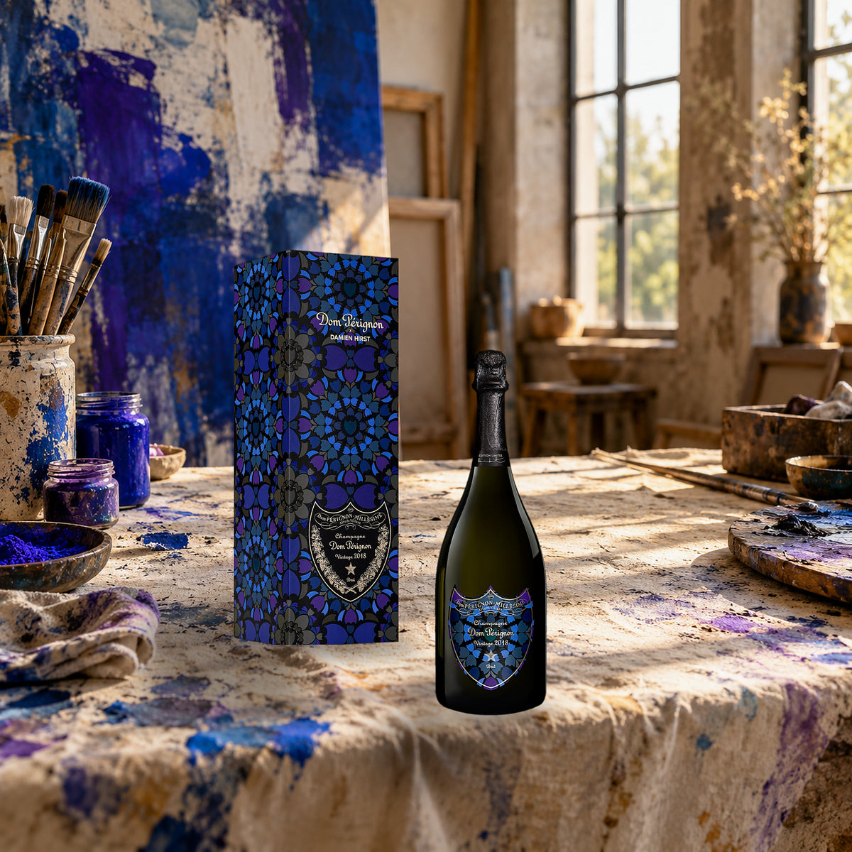 Dom Pérignon Champagne Brut 2018 – Damien Hirst Limited Edition (With Gift Box) art studio - Liquor Geeks
