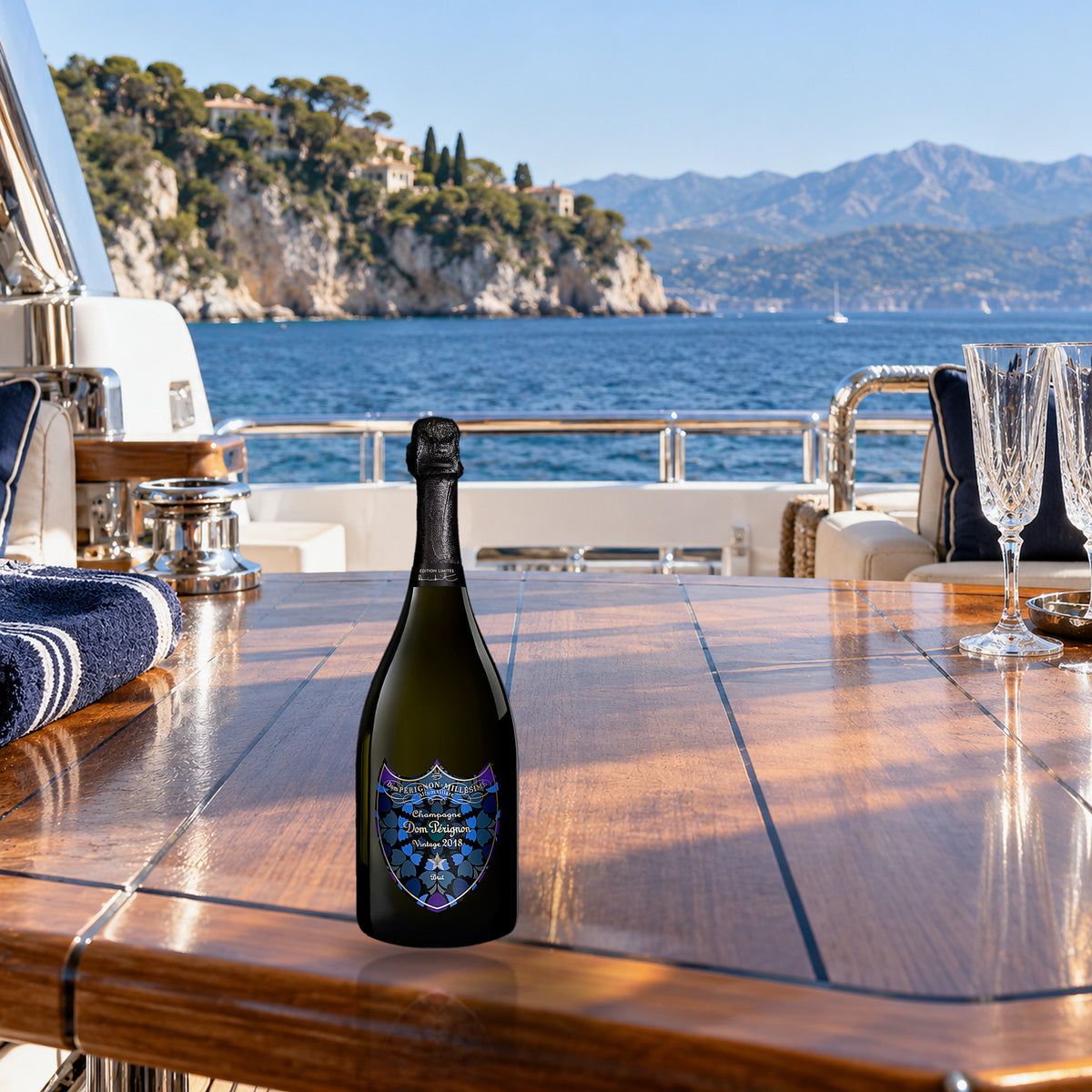 Dom Pérignon Champagne Brut 2018 – Damien Hirst Limited Edition (With Gift Box) yacht deck - Liquor Geeks