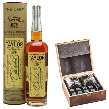 E.H. Taylor Barrel Proof With Gift — Wooden Box, 2 Glasses & Whiskey Stones