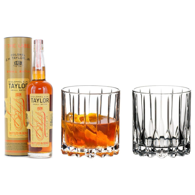 Colonel E.H. Taylor Small Batch & Riedel Neat Glasses — Bottle & 2 Crystal Glasses