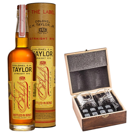 E.H. Taylor Straight Rye With Gift — Wooden Box, 2 Glasses & Whiskey Stones