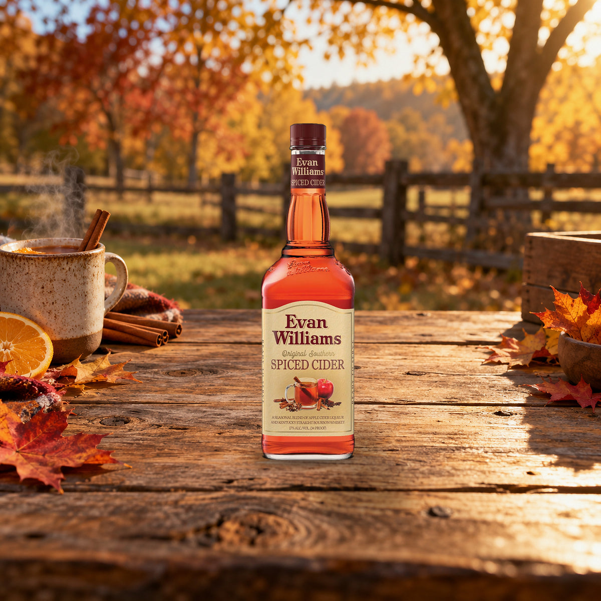 Evan Williams Spiced Cider Liqueur cider mug table - Liquor Geeks