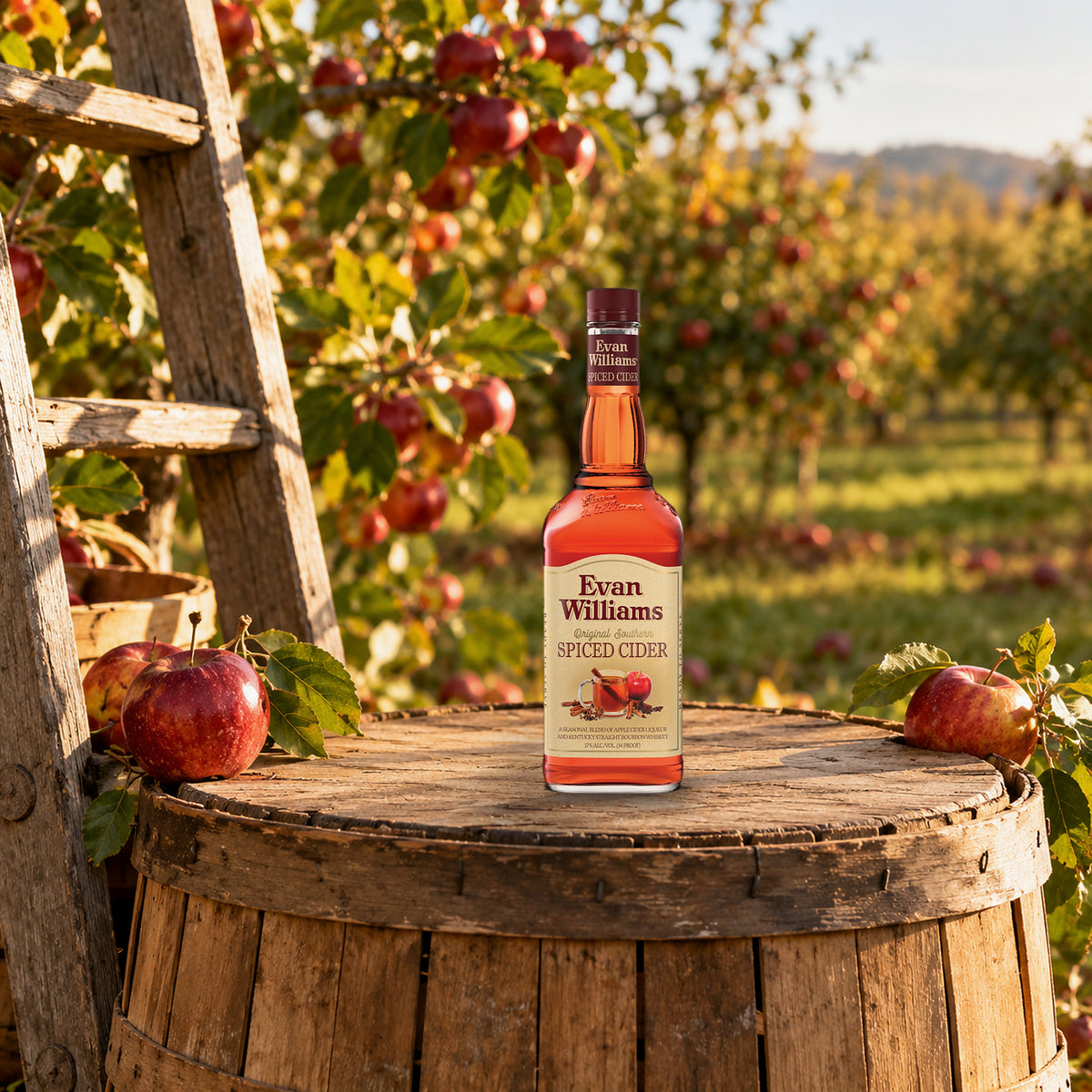 Evan Williams Spiced Cider Liqueur orchard ladder - Liquor Geeks