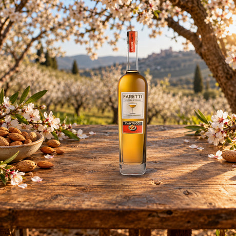 Faretti Biscotti Liqueur almond blossom table - Liquor Geeks