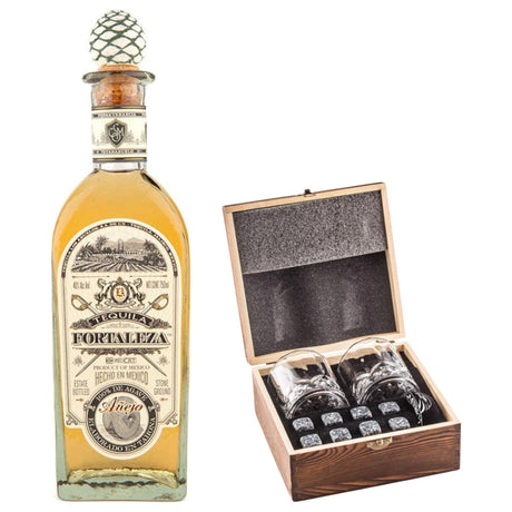 Fortaleza Añejo With Gift — Wooden Box, 2 Glasses & Whiskey Stones