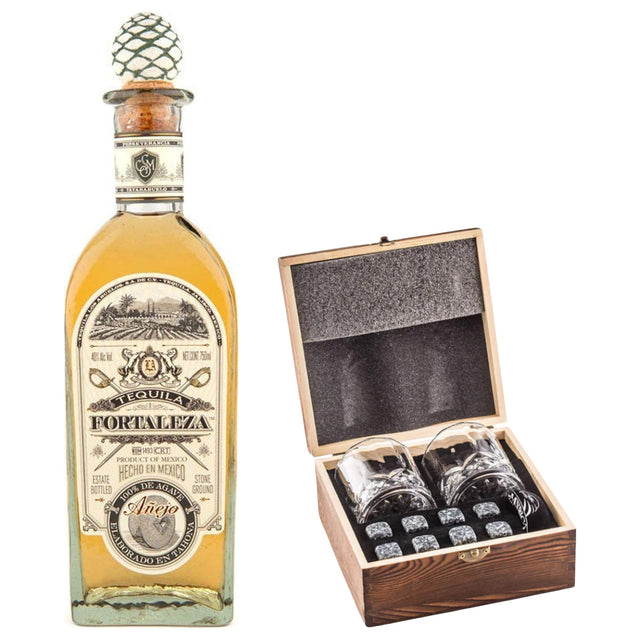 Fortaleza Añejo With Gift — Wooden Box, 2 Glasses & Whiskey Stones