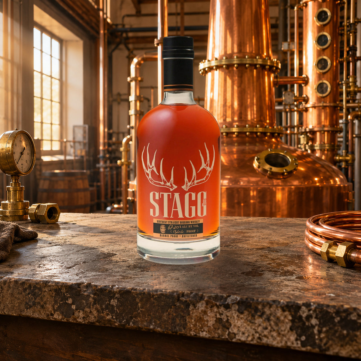 George T. Stagg Jr. Kentucky Straight Bourbon Whiskey copper still room - Liquor Geeks