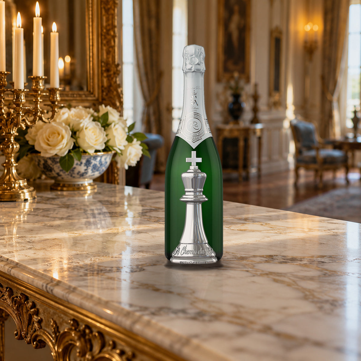 Le Chemin Du Roi Champagne Blanc De Blancs Collection Privée 2000 With Wooden Gift Box gilded console - Liquor Geeks