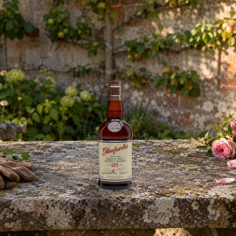 Glenfarclas 25 Years Aged Highland Single Malt Scotch Whiskey walled garden bench - Liquor Geeks