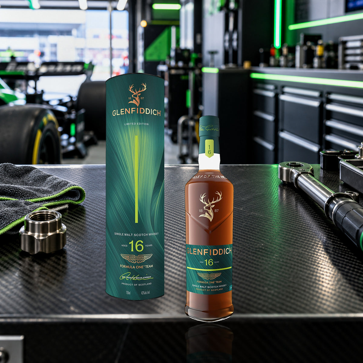Glenfiddich 16 Year Old Single Malt Scotch Whisky – Aston Martin Formula One™ 2026 Limited Edition pit garage - Liquor Geeks