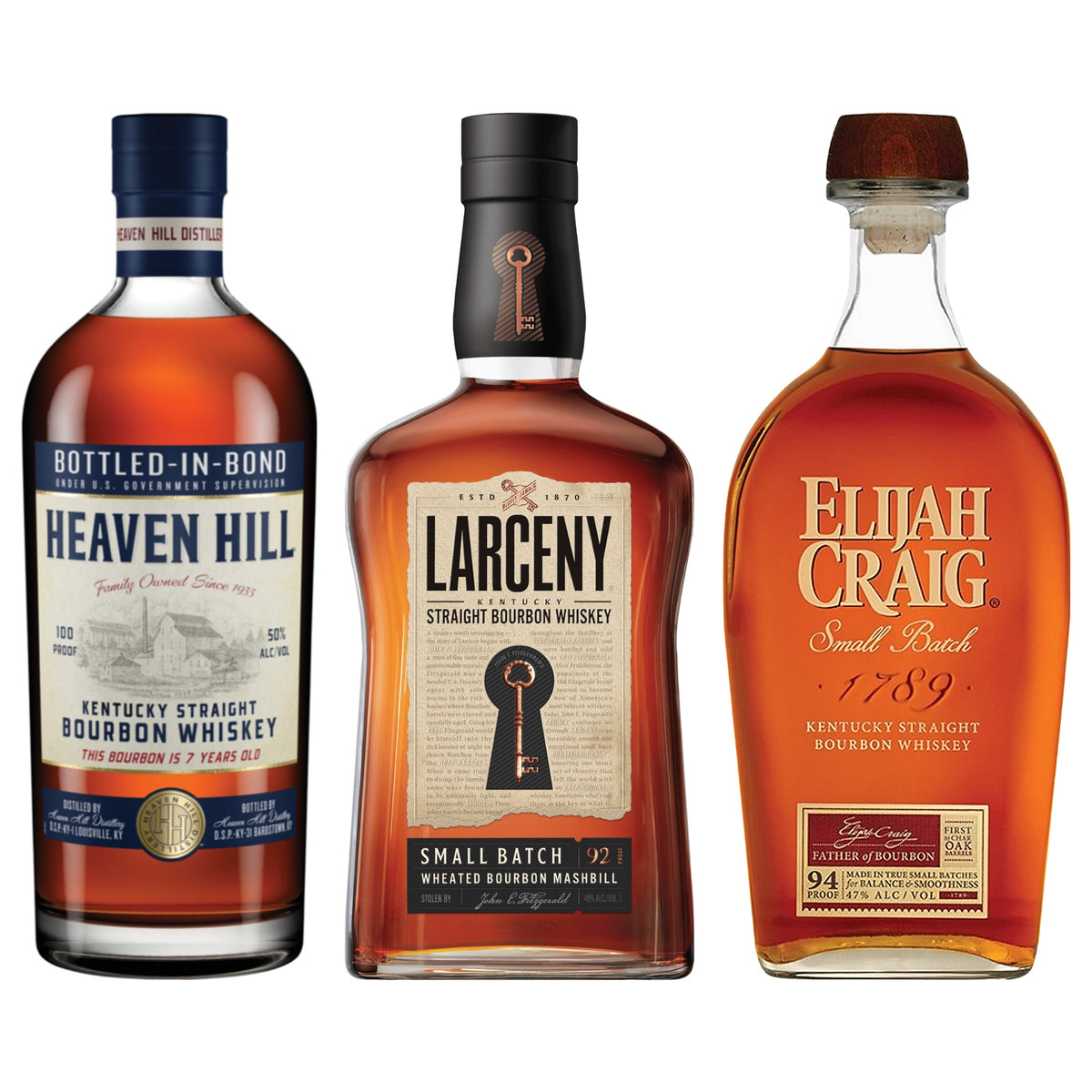 Heaven Hill Trio — 7 Year Bottled in Bond, Larceny Small Batch & Elijah Craig Small Batch
