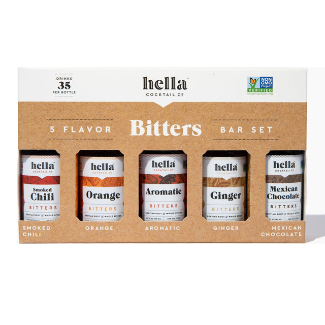 Hella Cocktail Co. 5 Flavor Bitters Bar Set 5 x 50ml (Smoked Chili, Orange, Aromatic, Ginger & Mexican Chocolate)
