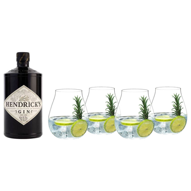 Hendrick's Gin & Riedel Gin Glasses — Bottle & 4 Crystal Balloon Glasses