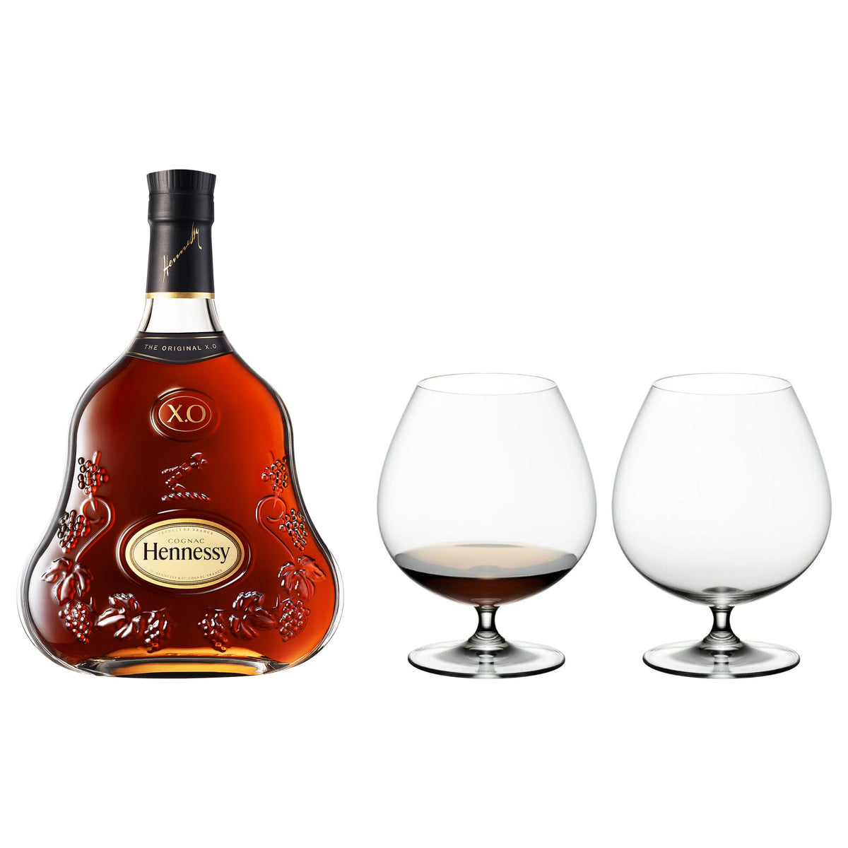 Hennessy X.O & Riedel Cognac Glasses — Bottle & 2 Crystal Glasses